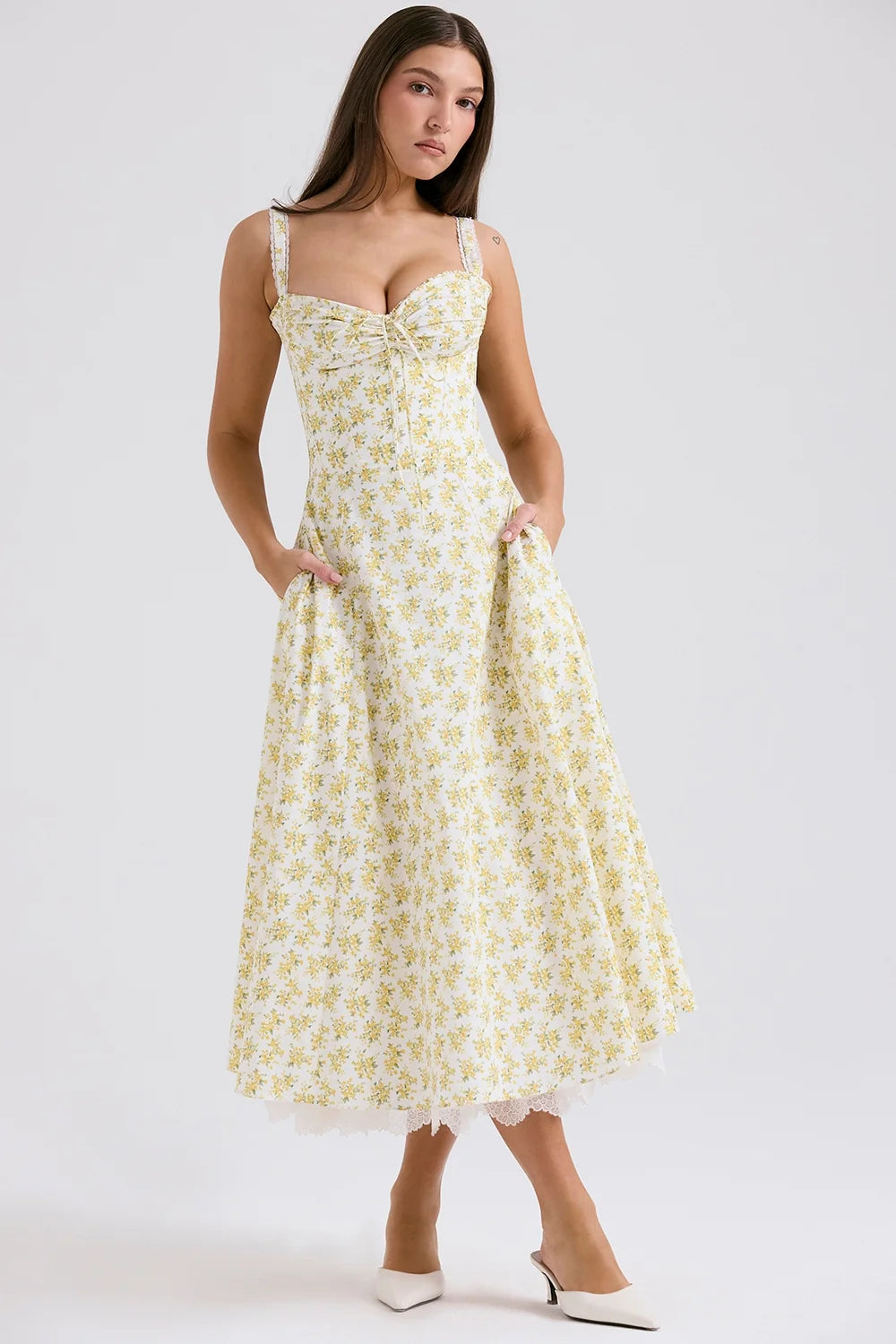 white vintage floral print cotton bustier sundress