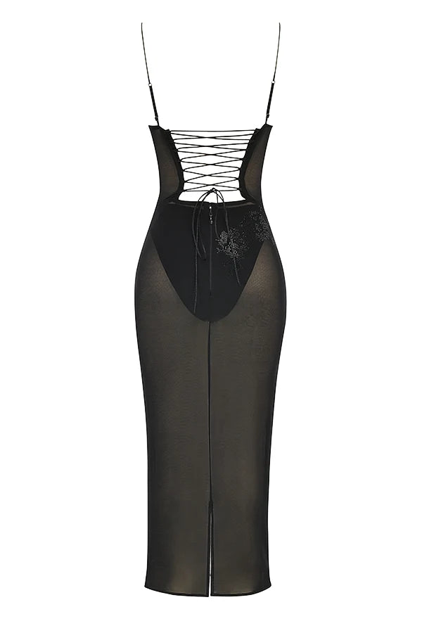 black mesh crystal embellished midi dress