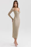 beige mesh long sleeve bodycon midi dress