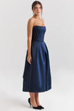 midnight blue strapless detachable bow midi dress