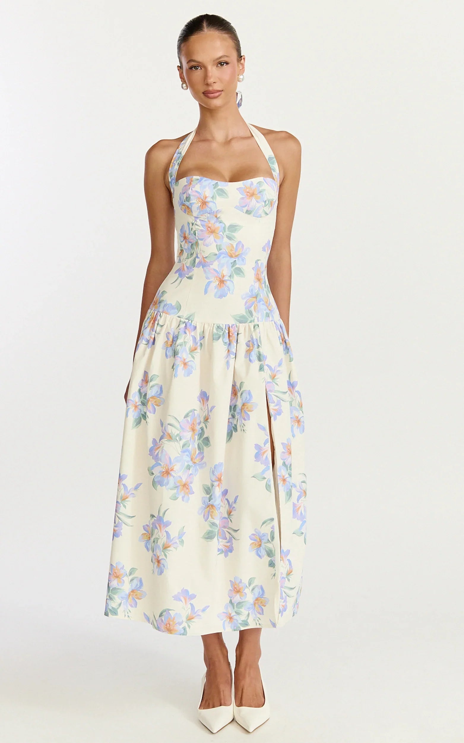 Astra Midi Dress Halter Neck Drop Waist Dress in Astra Posey Floral Print