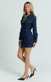 Ainsley Mini Dress Button Through Long Sleeve Denim Dress in Dark Blue