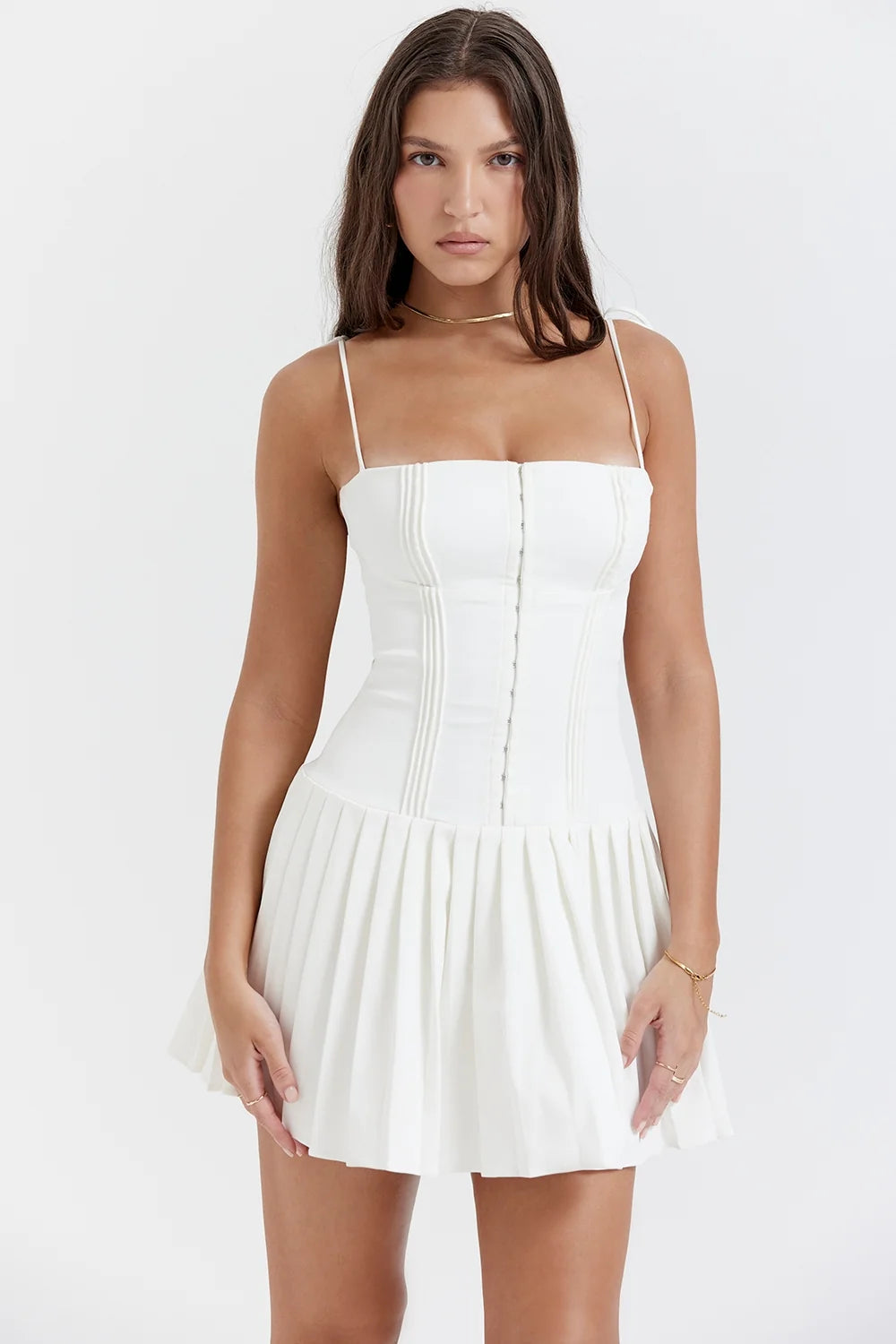 white pleated mini dress