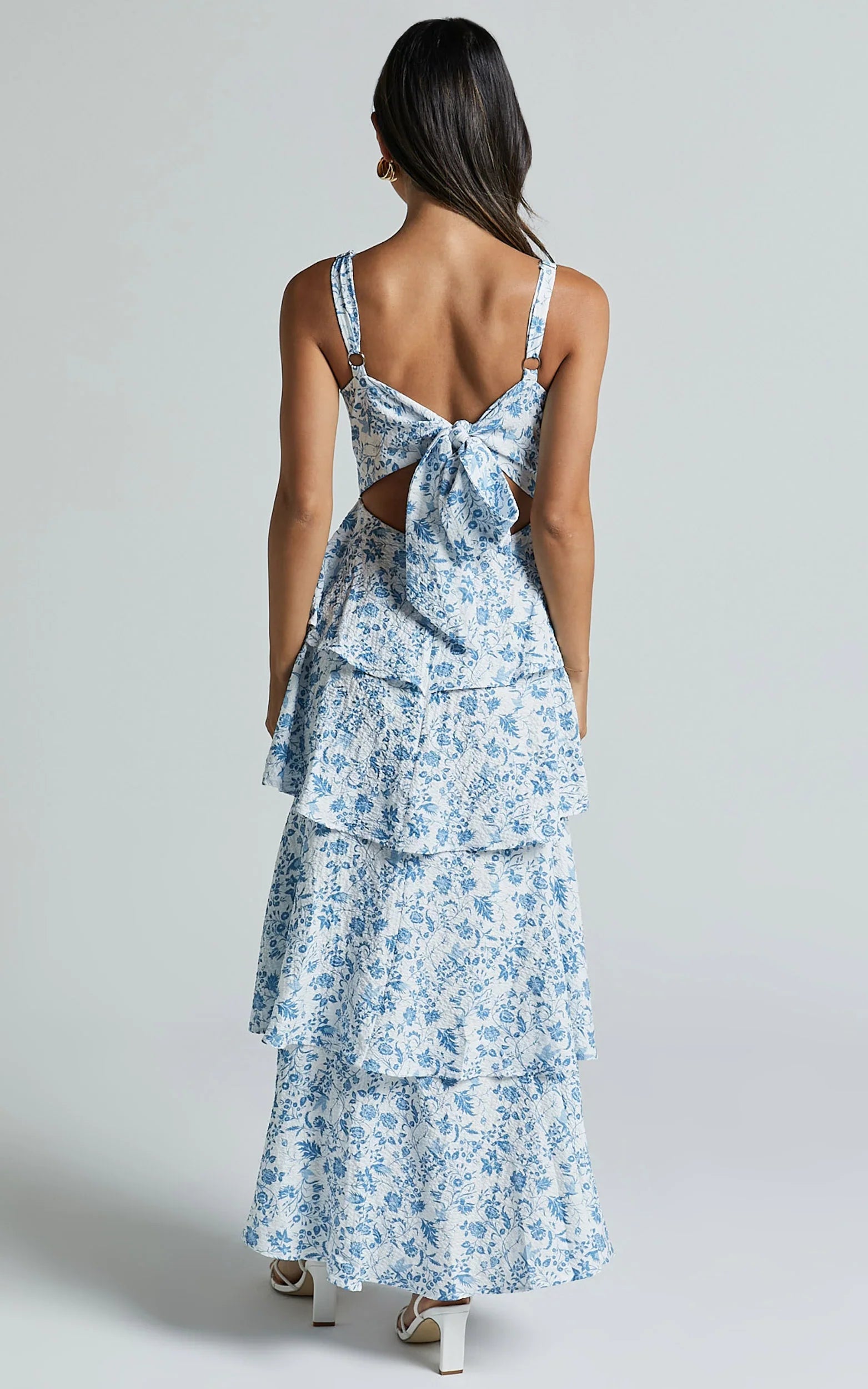 Lorma Midi Dress Ruched Layered Dress in Blue Floral
