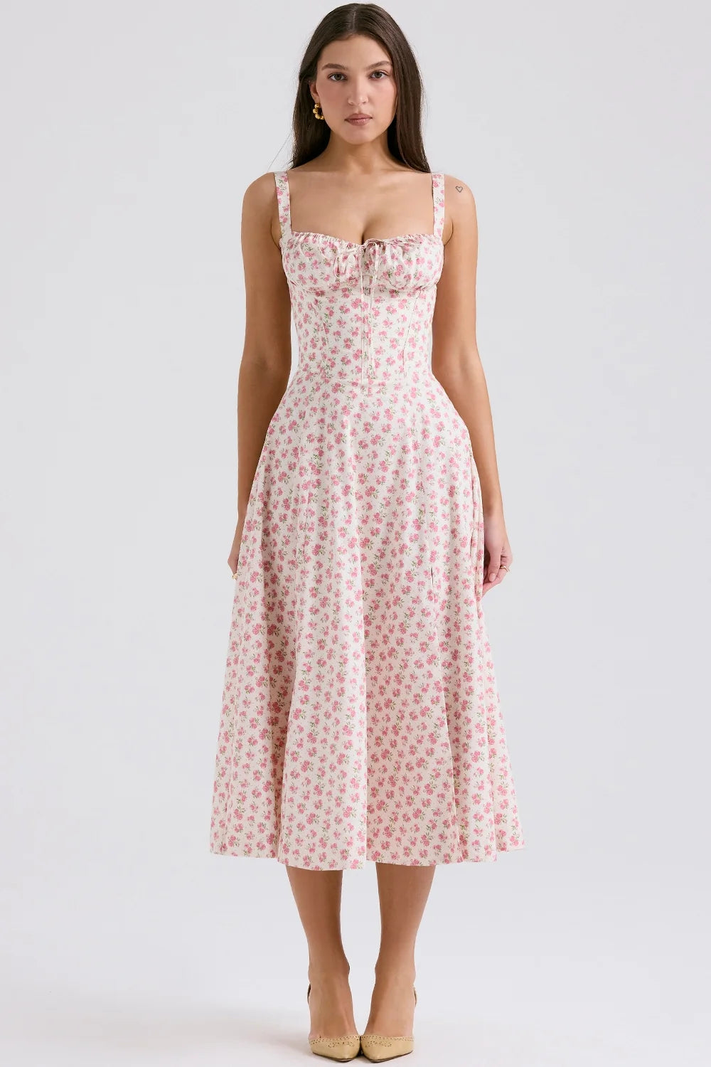 white rosebud print cotton bustier sundress