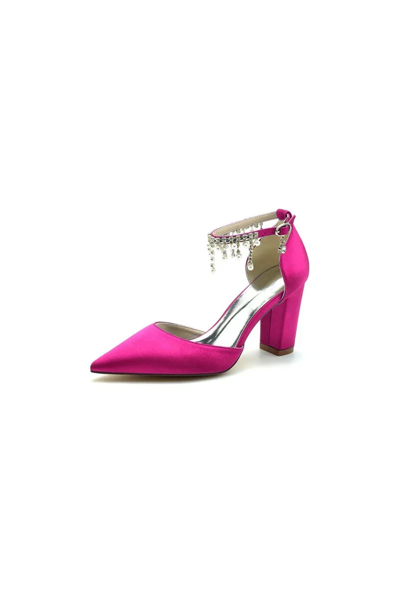 Pearl Beaded Pointed Toe Ankle Strap Chunky Heel