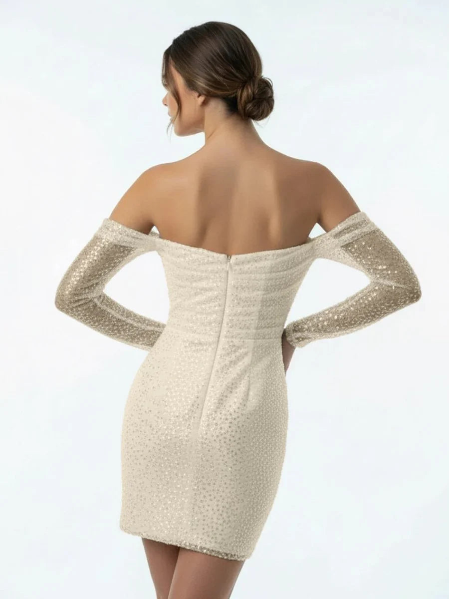 Chic Short Sequined Backless Wedding Dress With Long Detachable Sleeves