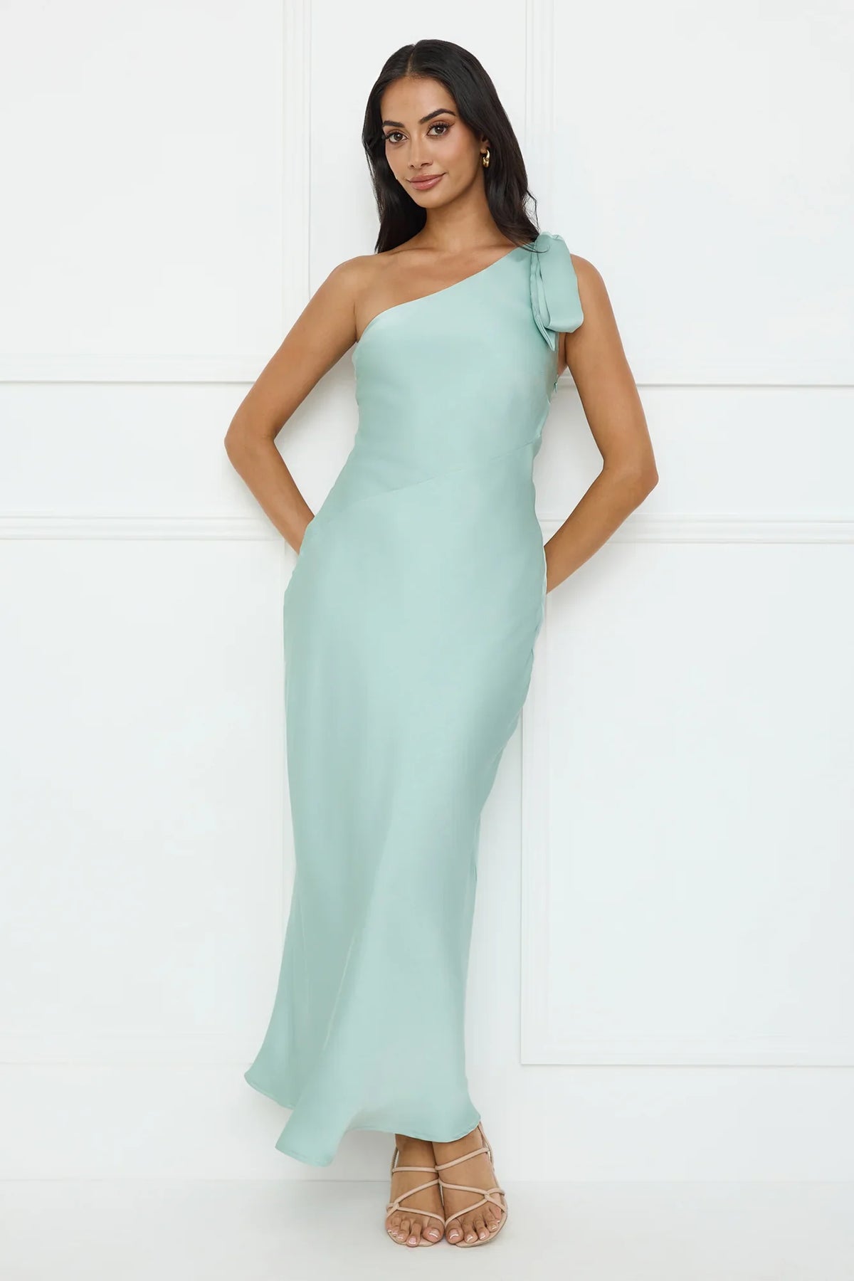 Night Of Distinction One Shoulder Satin Maxi Dress Sage