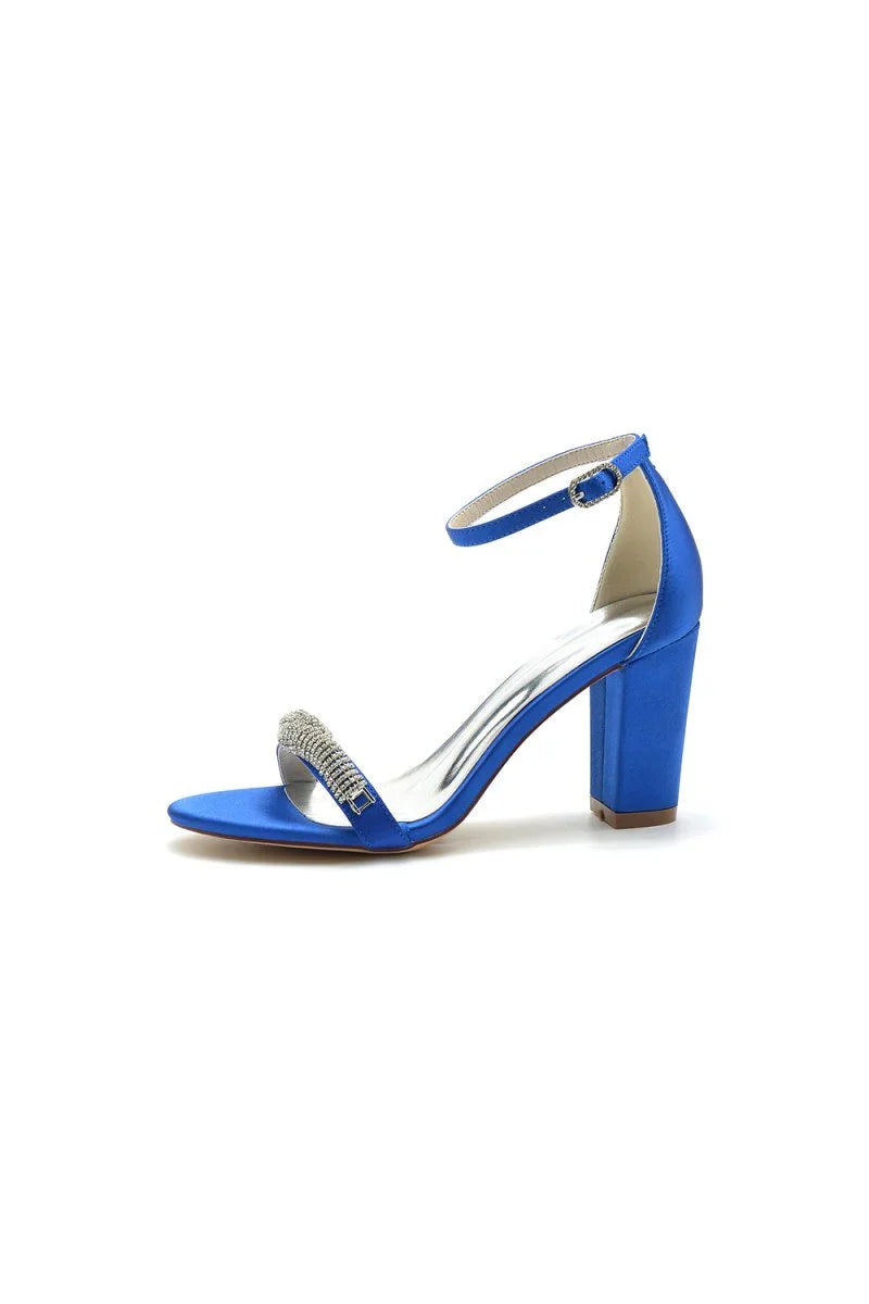 Beaded Open Toe Ankle Strap Satin Chunky Heels