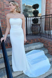 White Satin Strapless Mermaid Long Wedding Dress