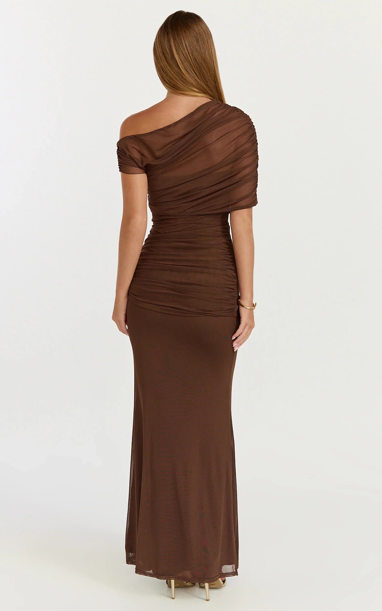 Nicolette Maxi Dress Cape Sleeve Off Shoulder Dress in Chocolate