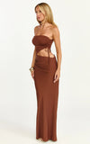 Fergie Maxi Dress Strapless Side Ruched Cut Out Fitted Dress in chestnut brown