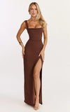 Donna Maxi Dress Cowl Neck Column High Split Dress in Chocolate