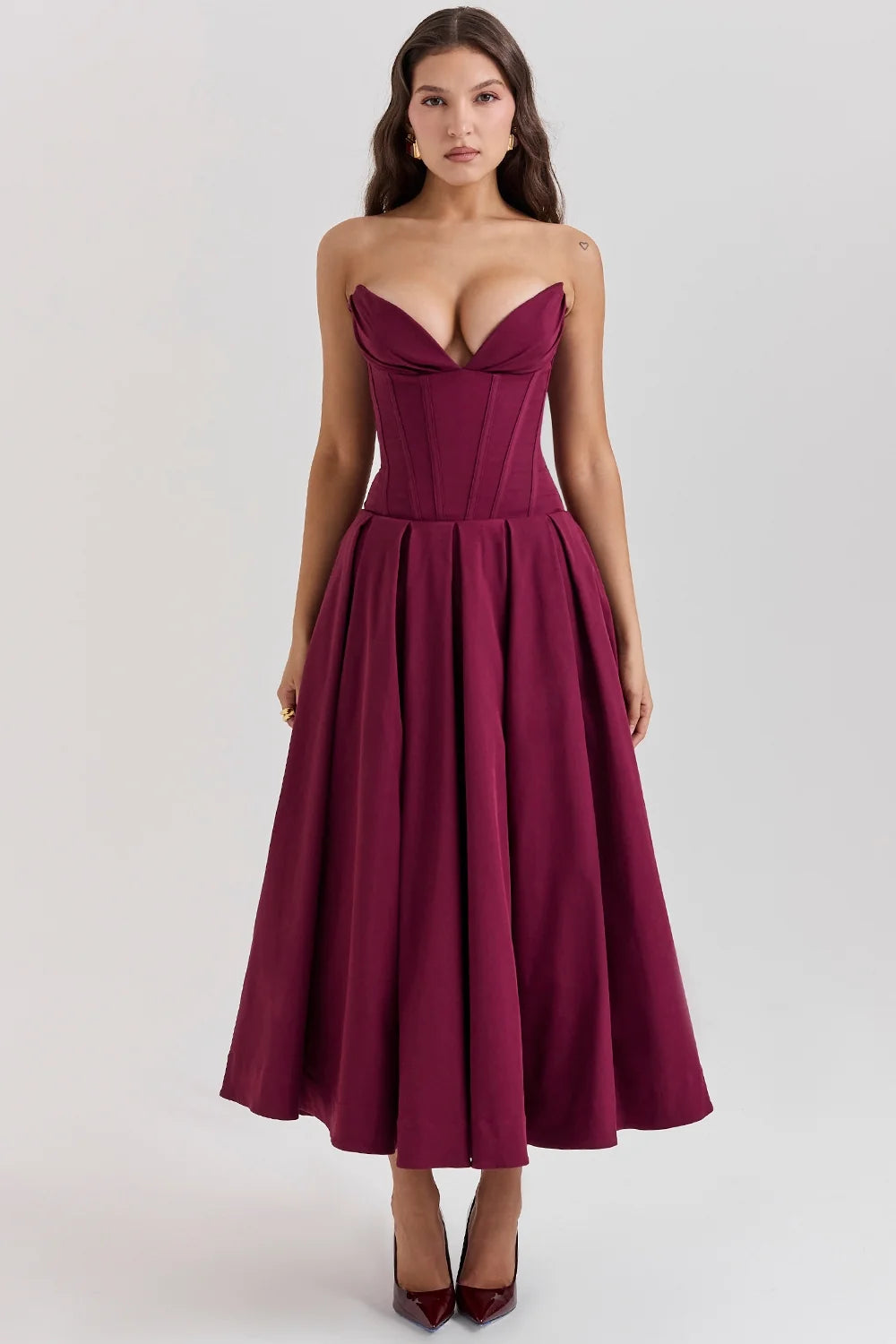 wine strapless midi dress