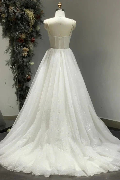 Spaghetti Straps Sparkly Bohemian Wedding Dress
