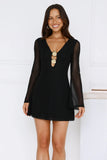 Champagne Aura Mesh Long Sleeve Mini Dress Black