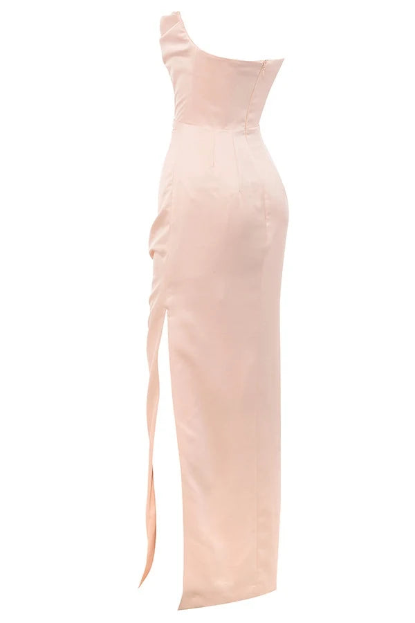 champagne satin strapless gown