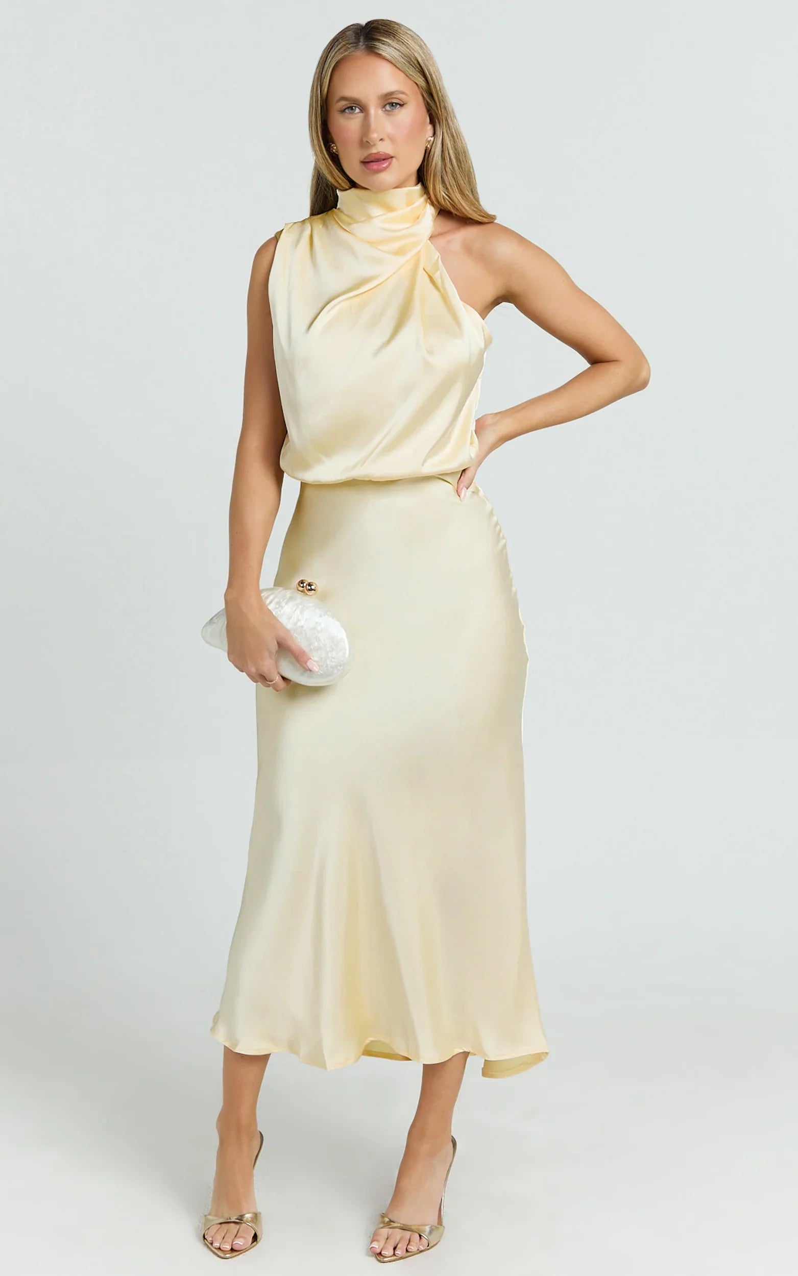 Minnie Midi Dress Drape Neck Satin Slip Dress in Butter Yellow