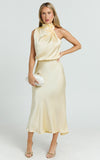 Minnie Midi Dress Drape Neck Satin Slip Dress in Butter Yellow