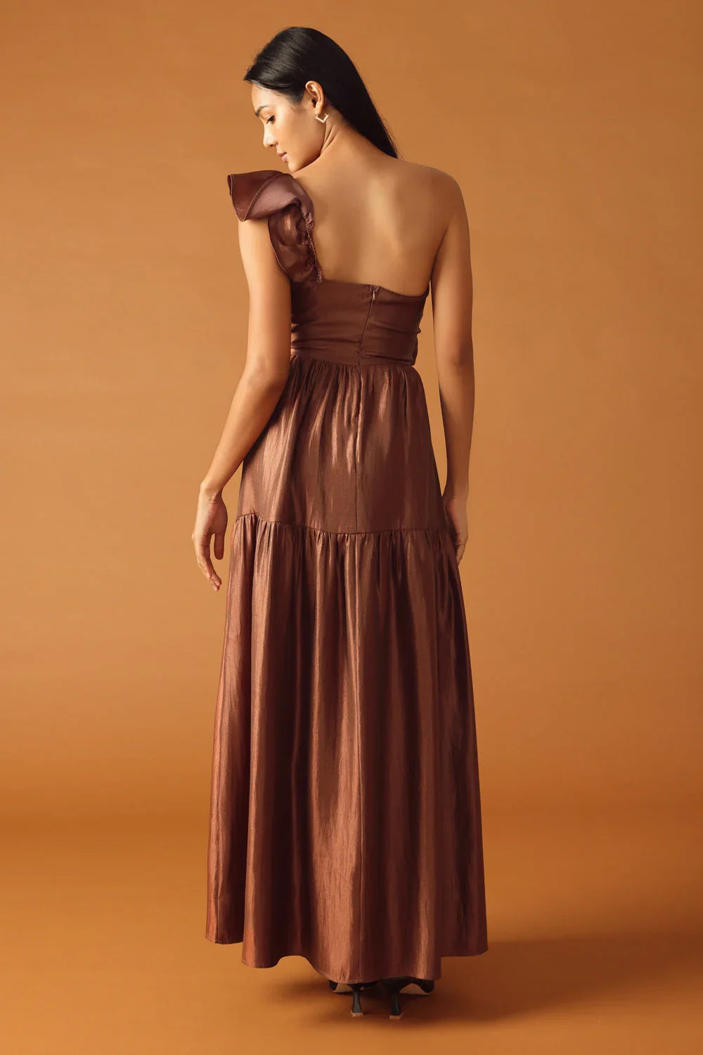 FIND THE ANSWER BROWN SATIN ONE SHOULDER MAXI DRESS