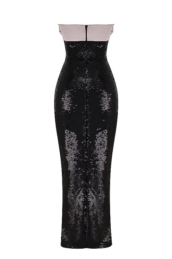 black sequin strapless bow dress