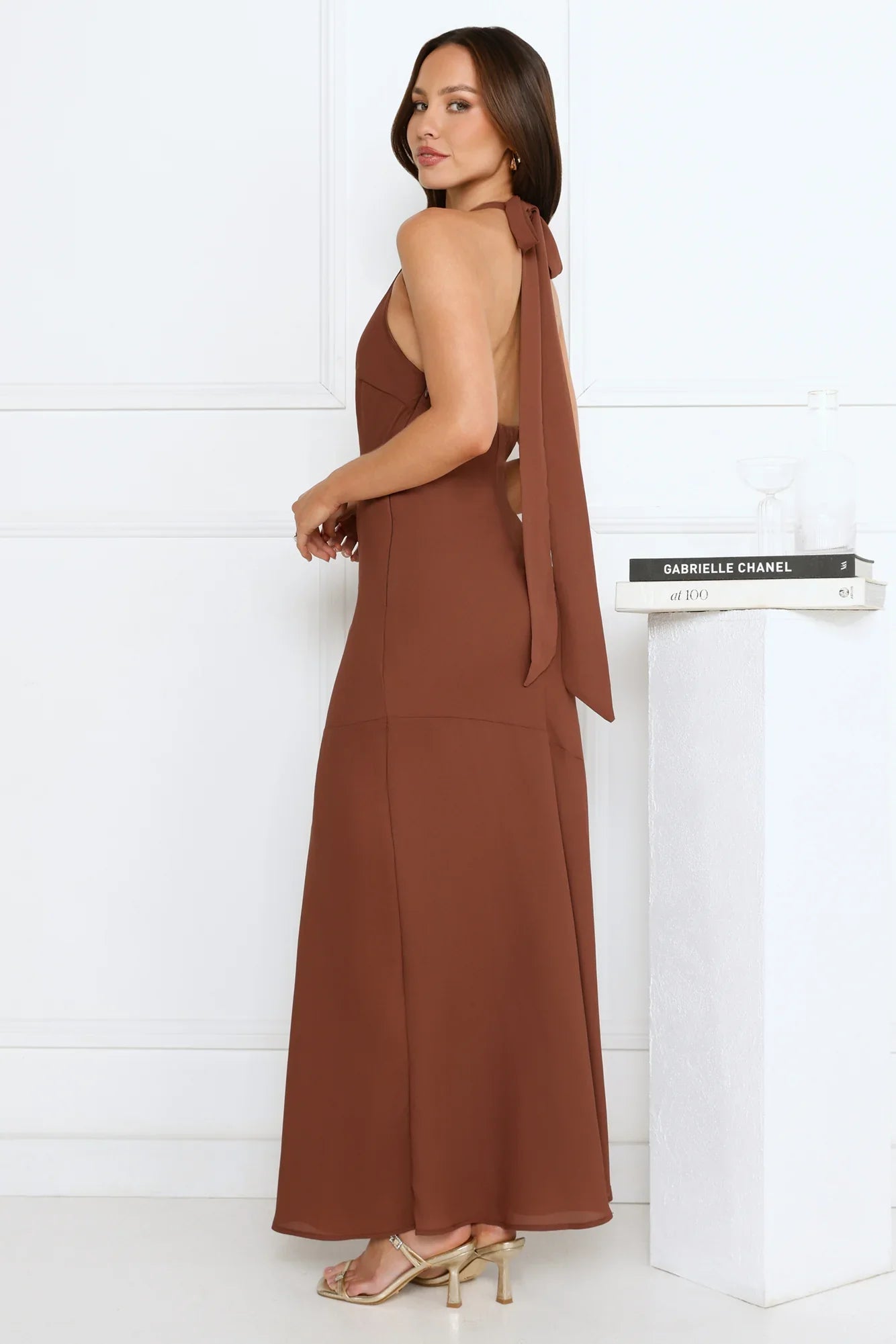 Polished Edge Halter Maxi Dress Brown