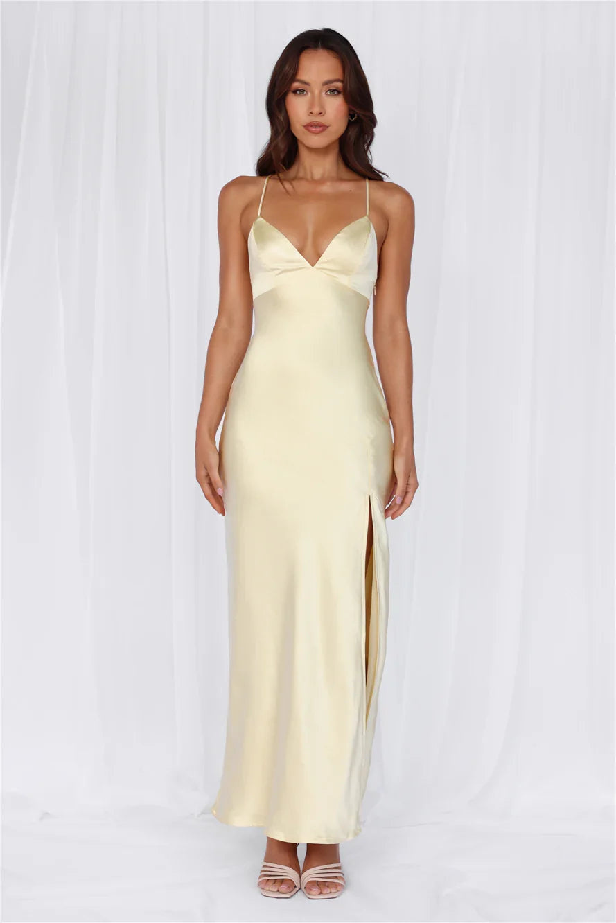 The Sophia Satin Maxi Dress Yellow