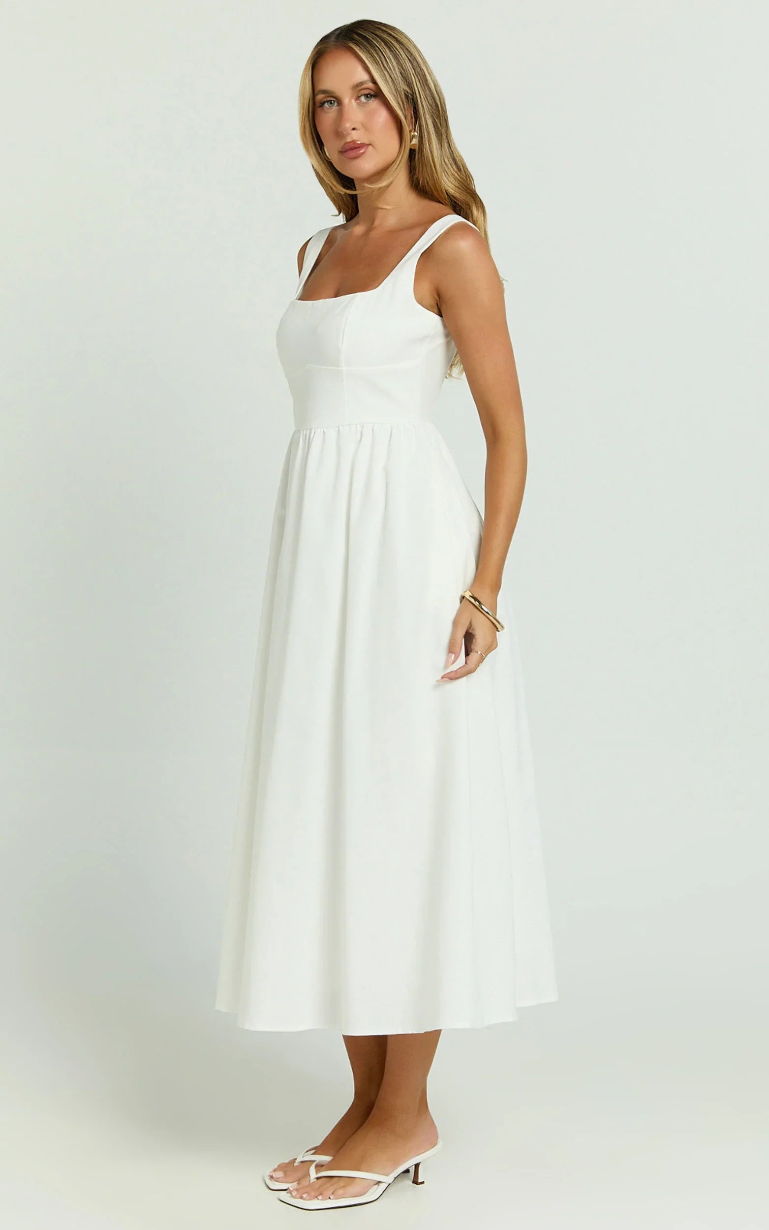 Khari Midi Dress Linen Look Square A Line Dress in White