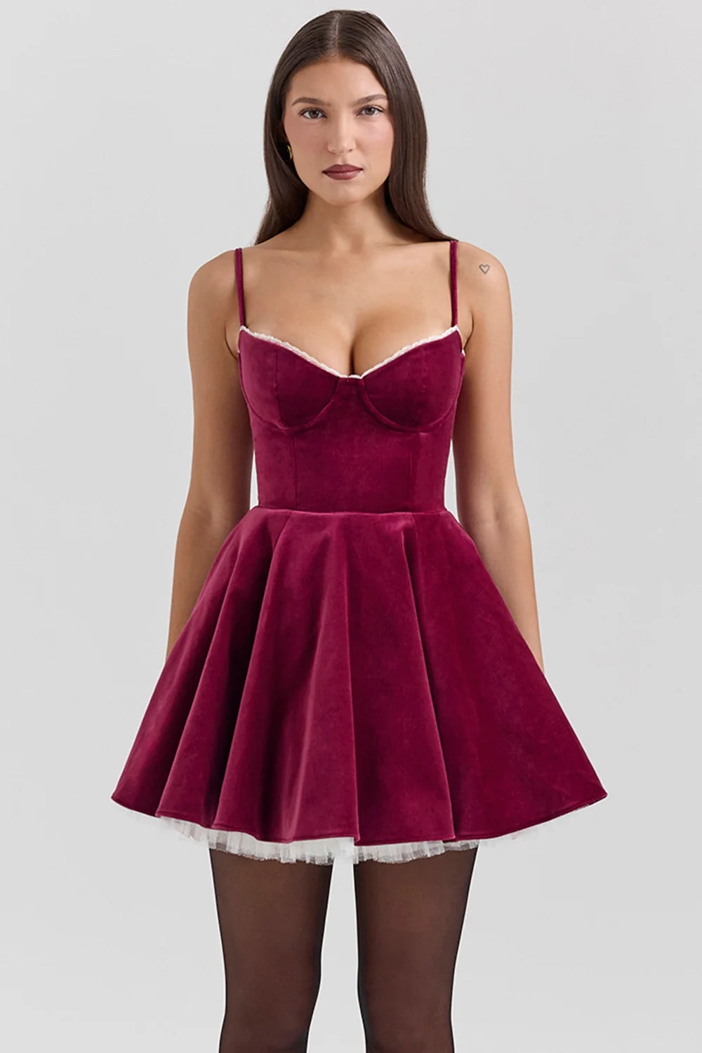 burgundy velvet tulle mini dress