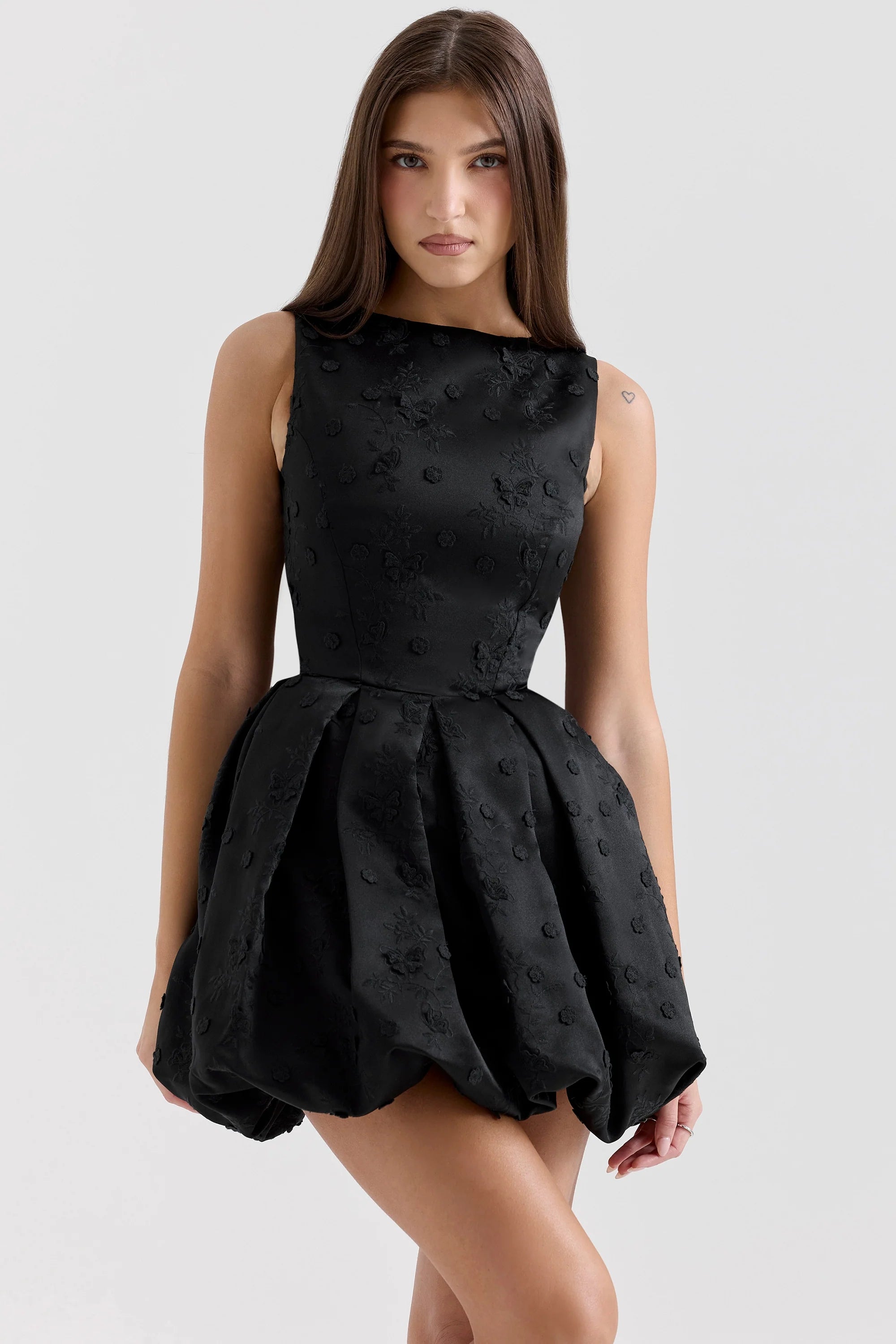 black backless embroidered mini puffball dress