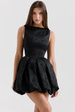 black backless embroidered mini puffball dress