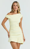 Goldie Mini Dress Tipped Off Shoulder Cap Sleeve Ruched Fitted Ruffle Hem Skirt Dress in Lemon