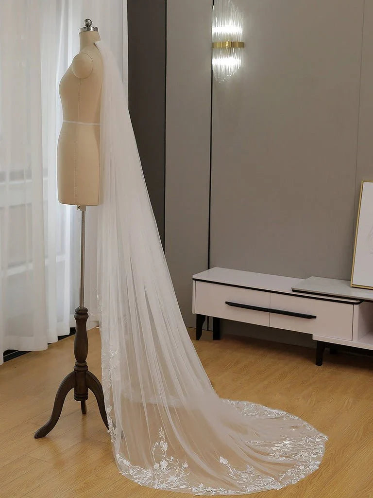 Simple Floral Lace Chapel Train Veil Bridal Veil Wedding Veil