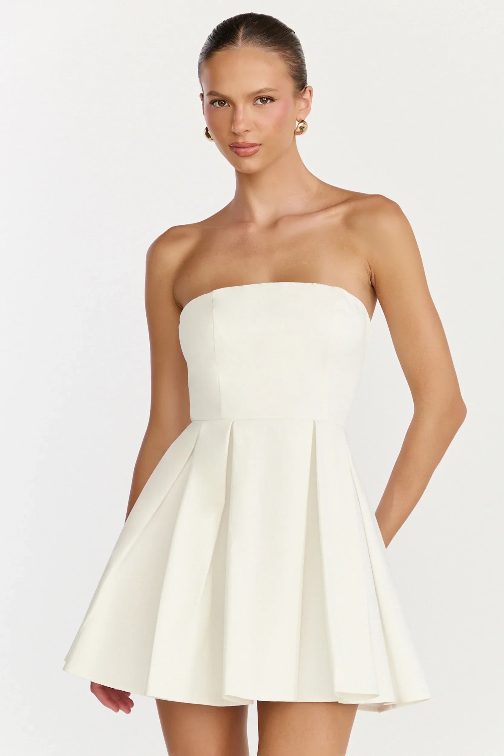 Avery Mini Dress Strapless Fitted Bodice Full Pleated Skirt Dress in Off White