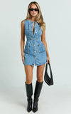 Stephanie Mini Dress Scoop Neck Pocket Detail Recycled Denim Dress in Light Blue Wash