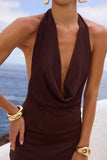 LOTUS HALTER COWL MAXI DRESS BITTER CHOCOLATE