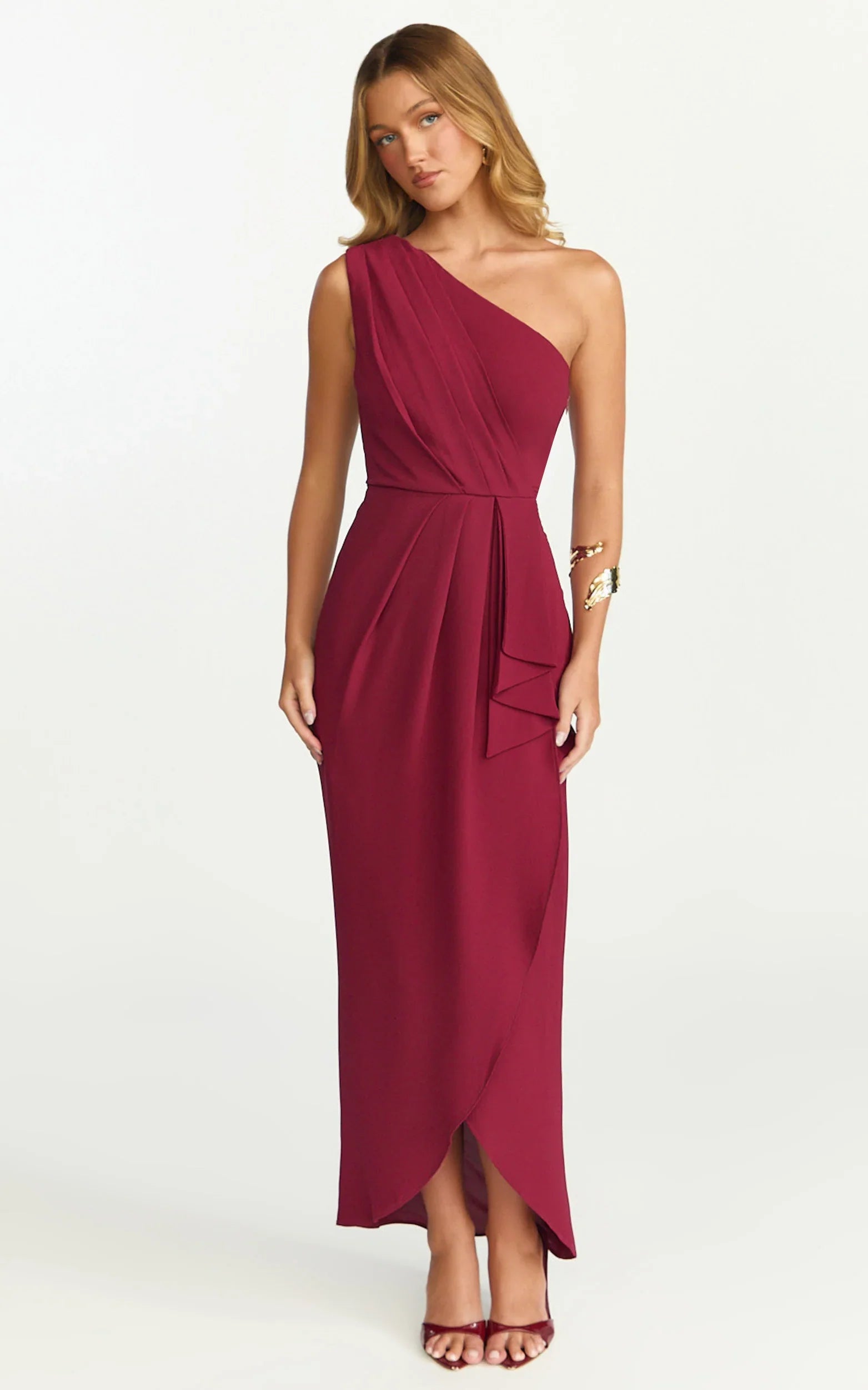 Namaari Midi Dress Faux Wrap One Shoulder Dress in Wine