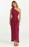 Namaari Midi Dress Faux Wrap One Shoulder Dress in Wine
