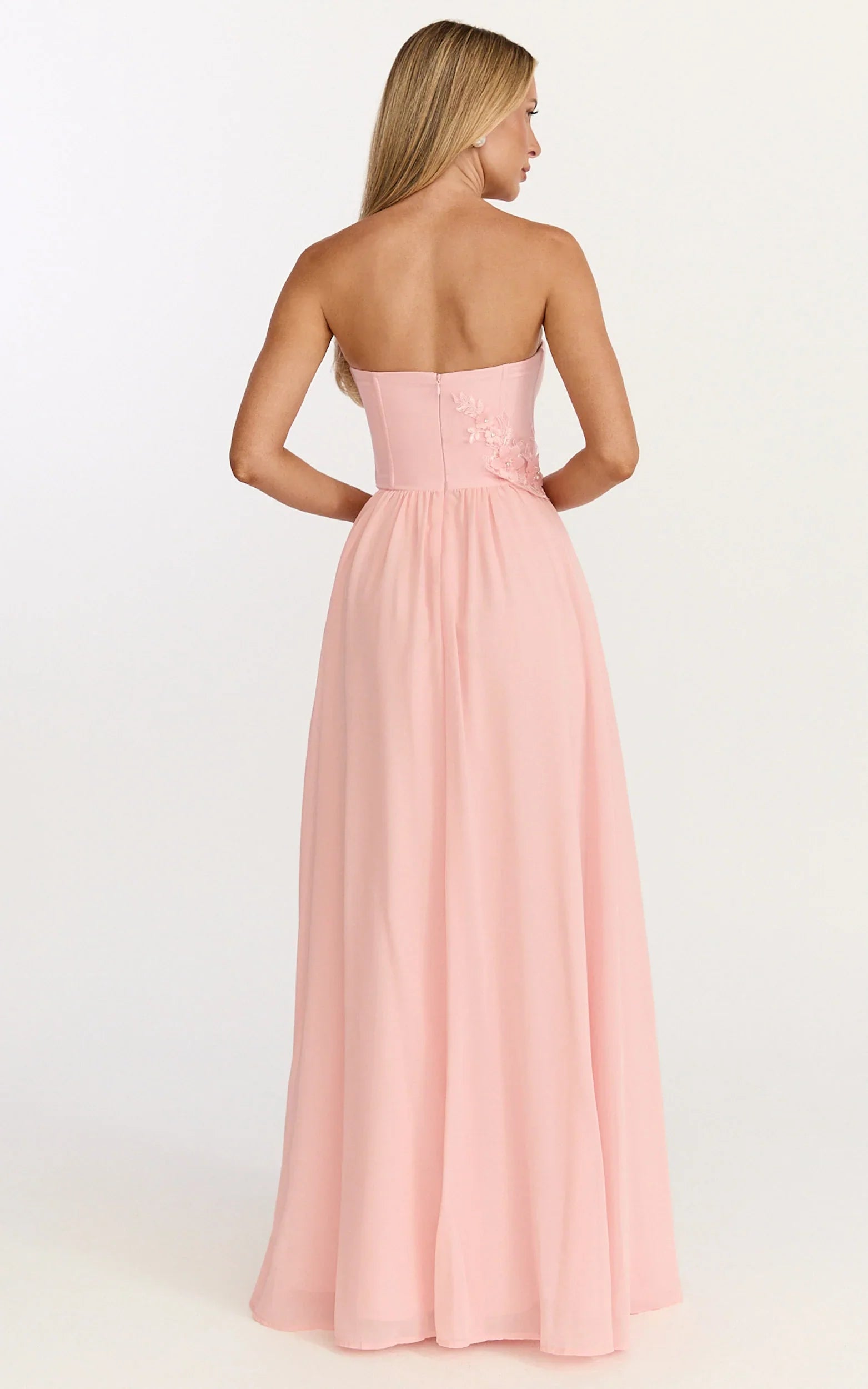 Penny Maxi Dress Strapless Corset Bodice Floral Embellished Dress in Soft Pink
