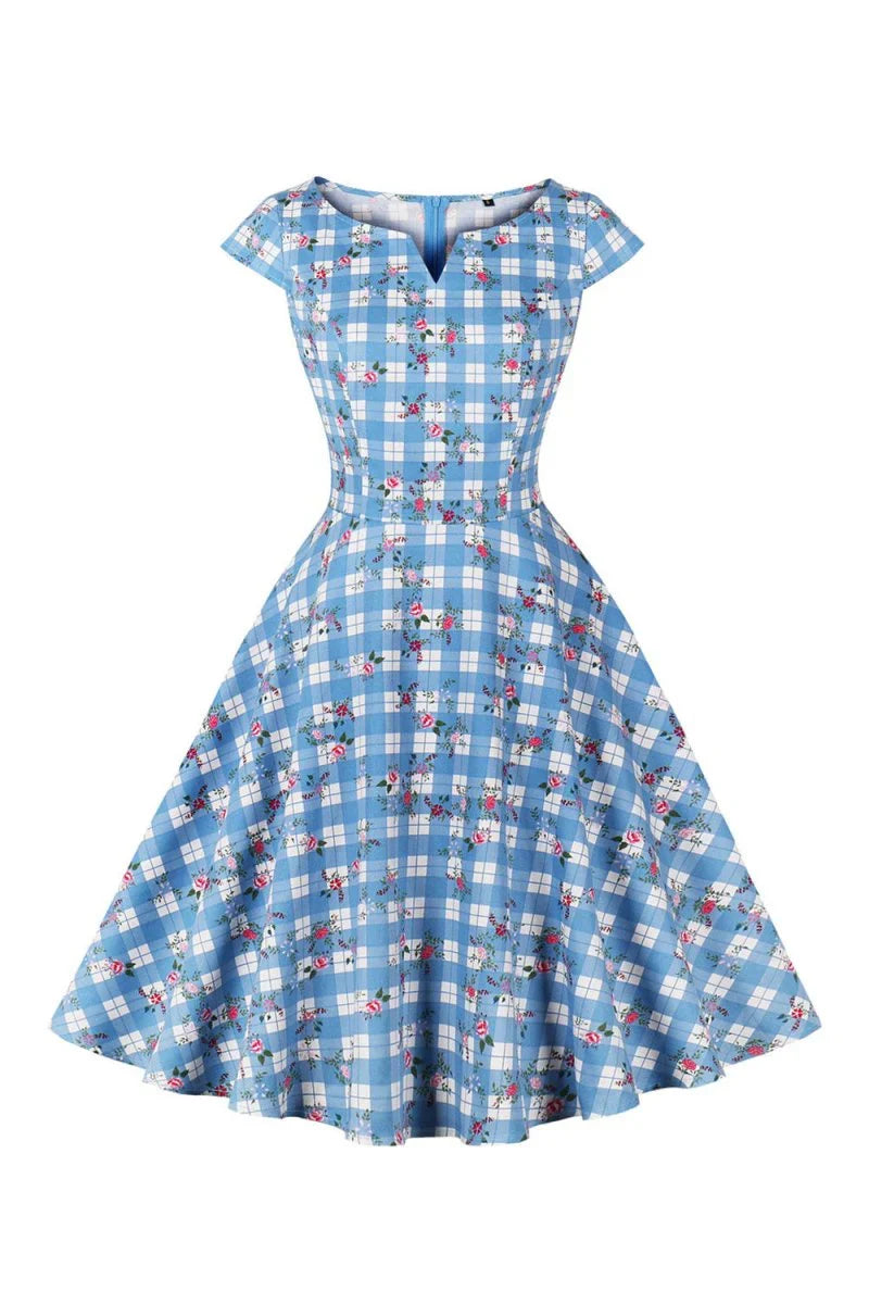 Printed Plaid Short Sleeveless Hepburn Style Vintage Dress