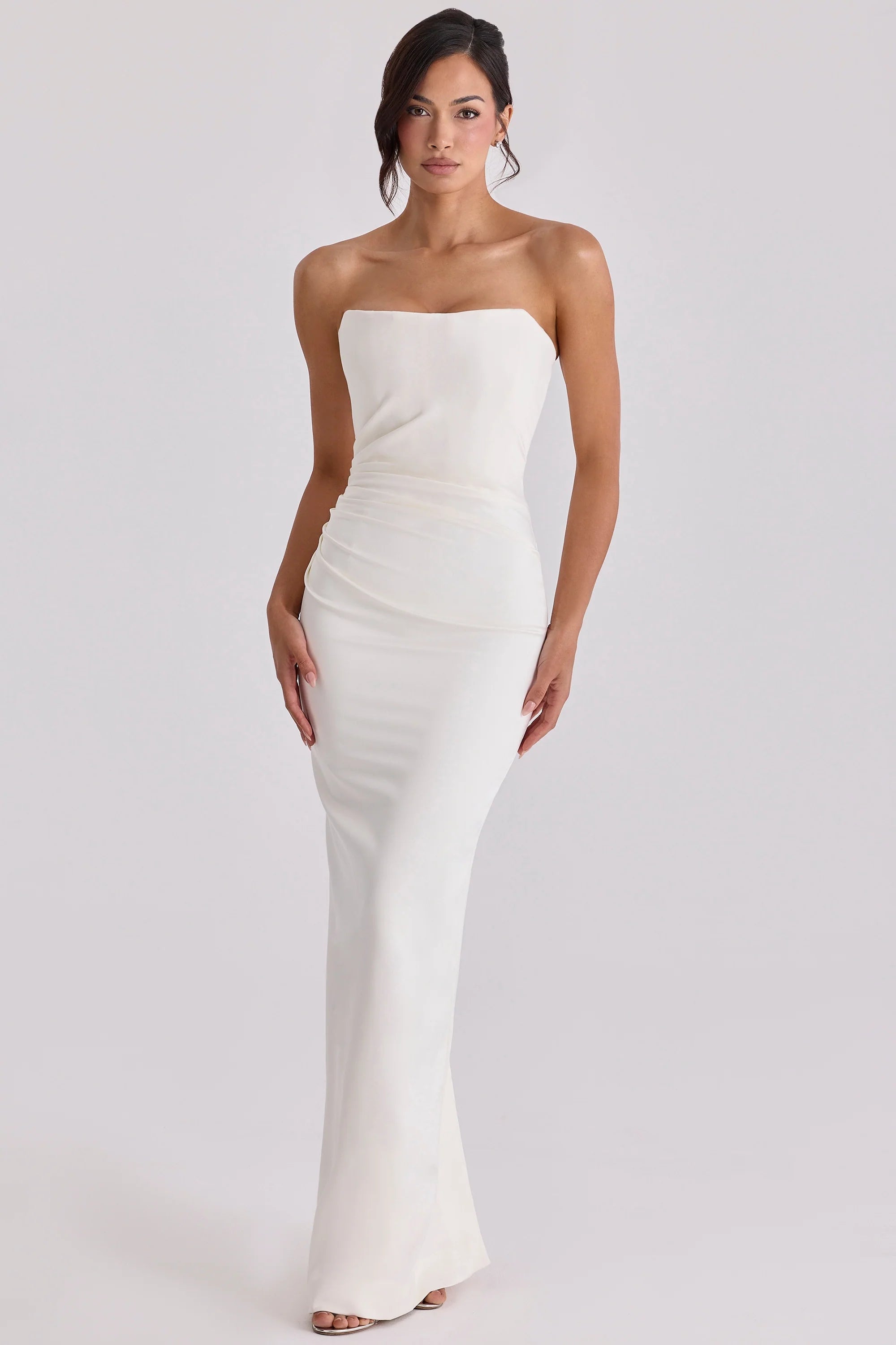 ivory satin strapless bridal gown