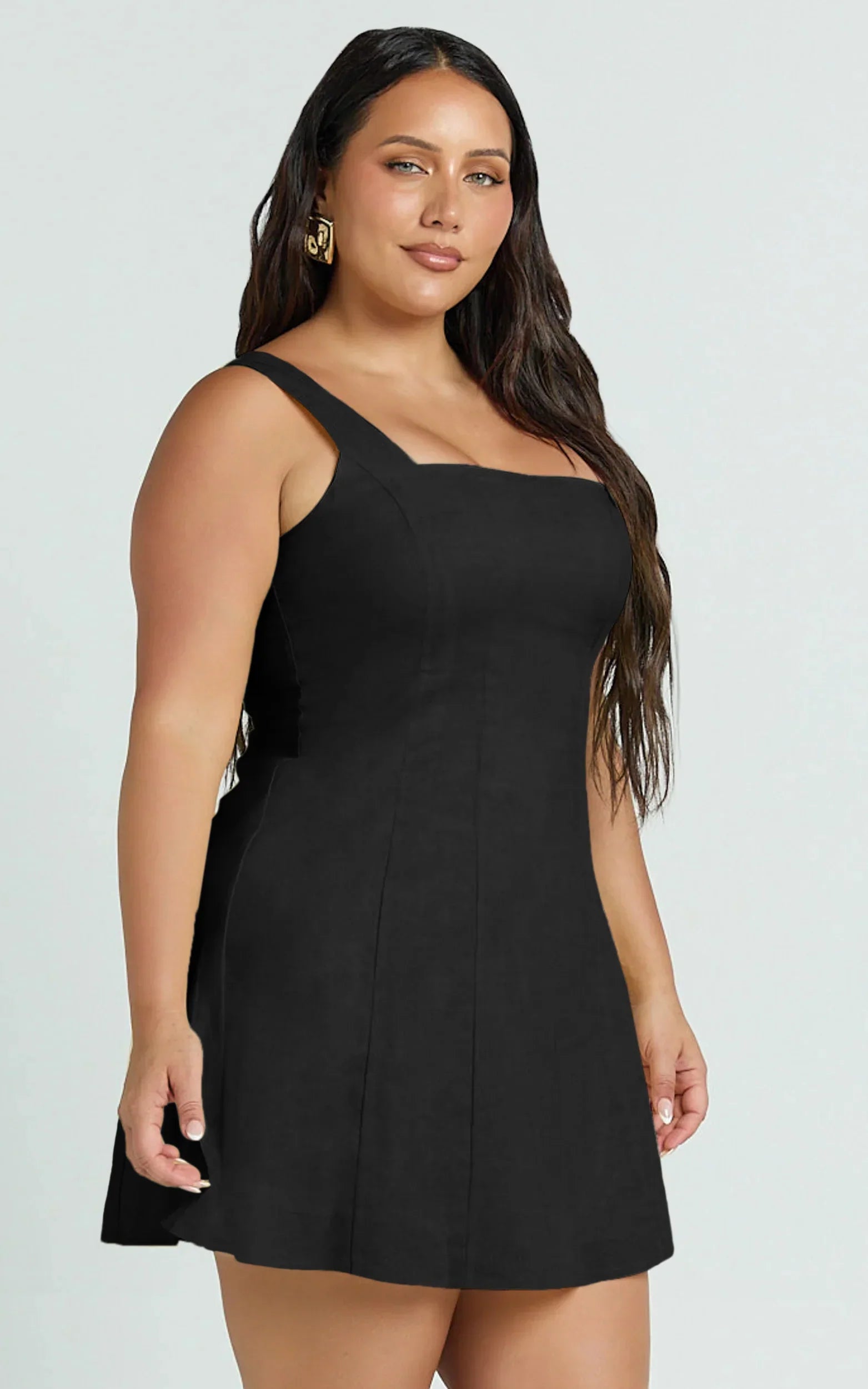 Adiana Mini Dress Linen Square Neck Shirred Back A Line Dress in Black