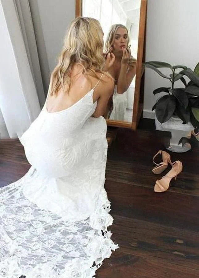 Backless Spaghetti Straps Lace Appliqued Boho Wedding Dress with High Slit