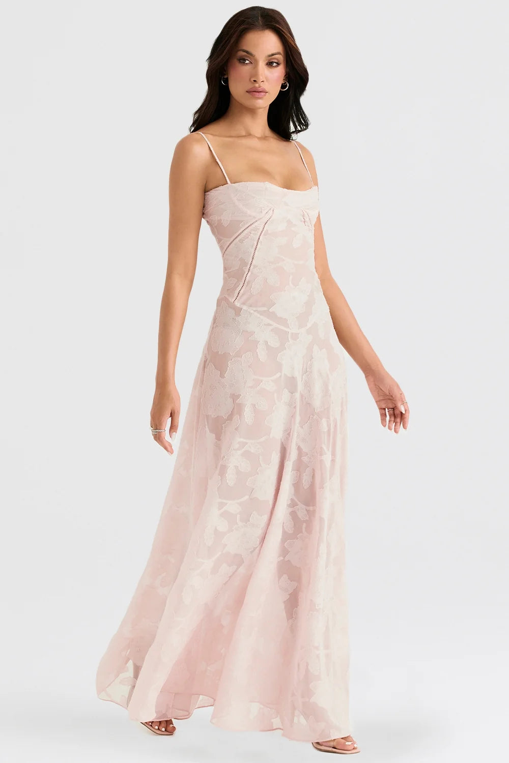 soft pink floral lace back maxi dress