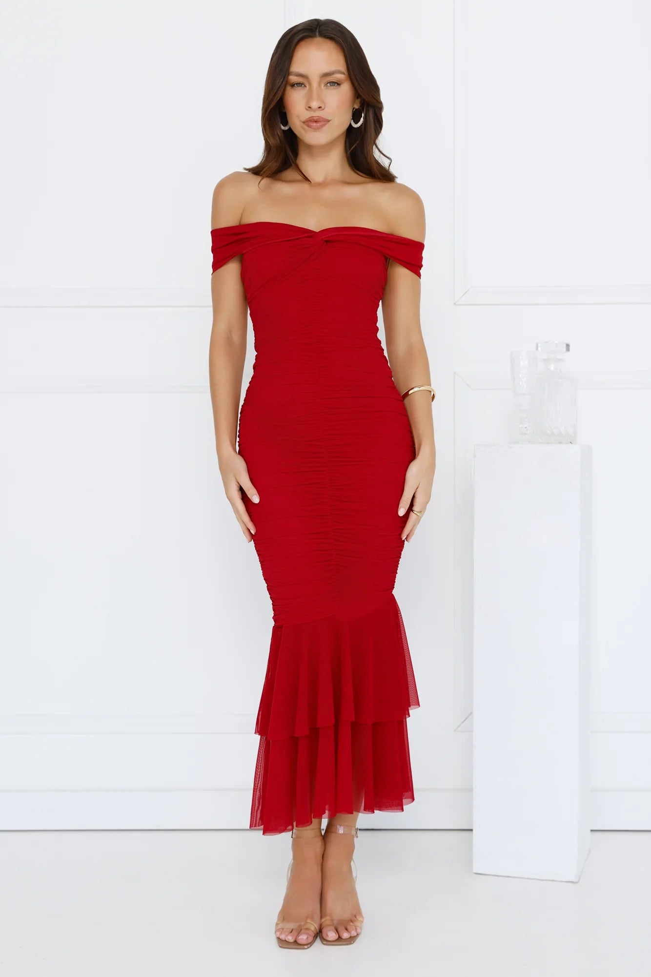 Tanisha Off Shoulder Mesh Midi Dress Maroon