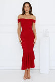 Tanisha Off Shoulder Mesh Midi Dress Maroon