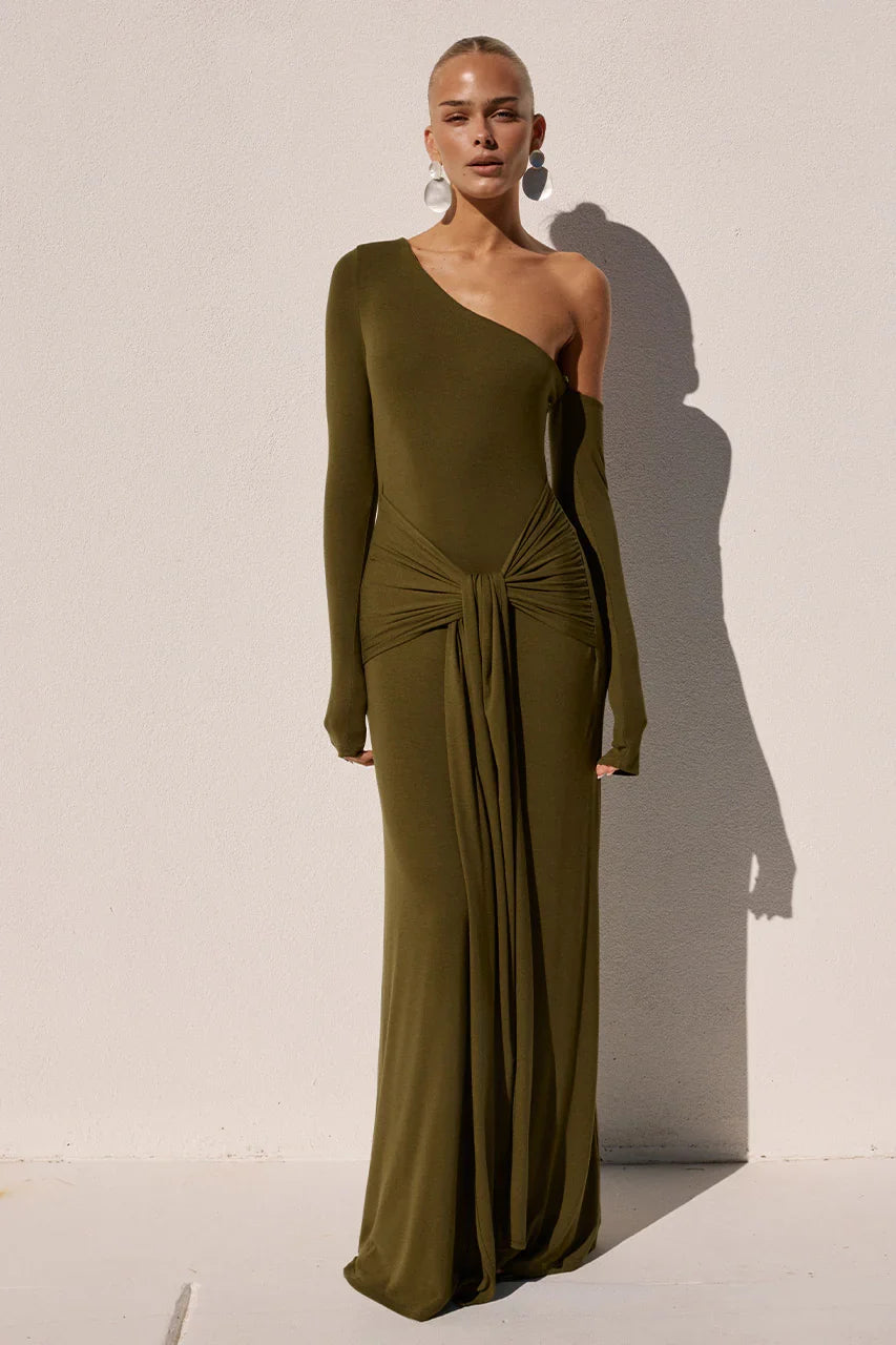 BIANCA ONE SHOULDER MAXI DRESS ARMY GREEN