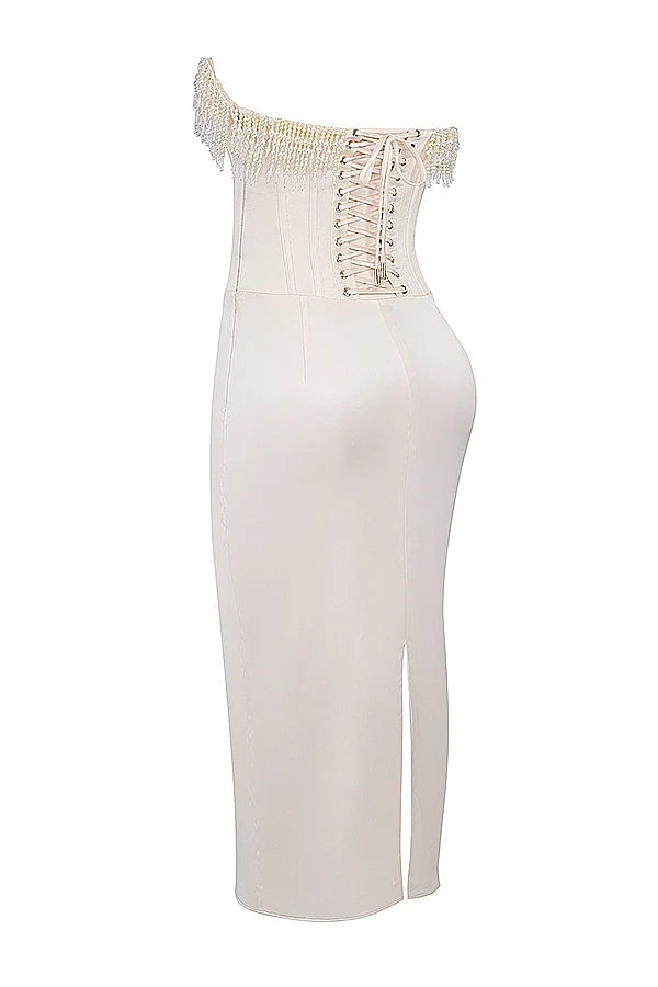 vintage cream embellished strapless dress