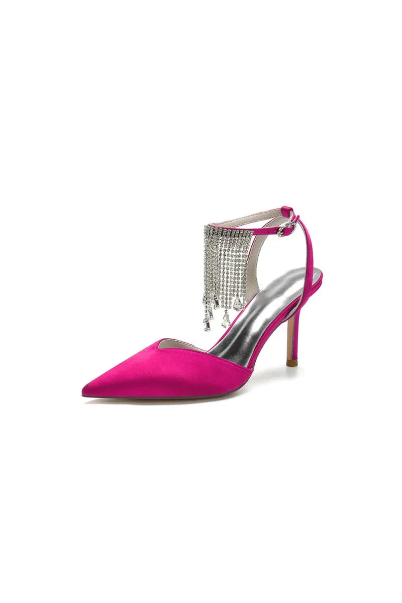 Pointed Toe Crystal Tassel Strap Heels