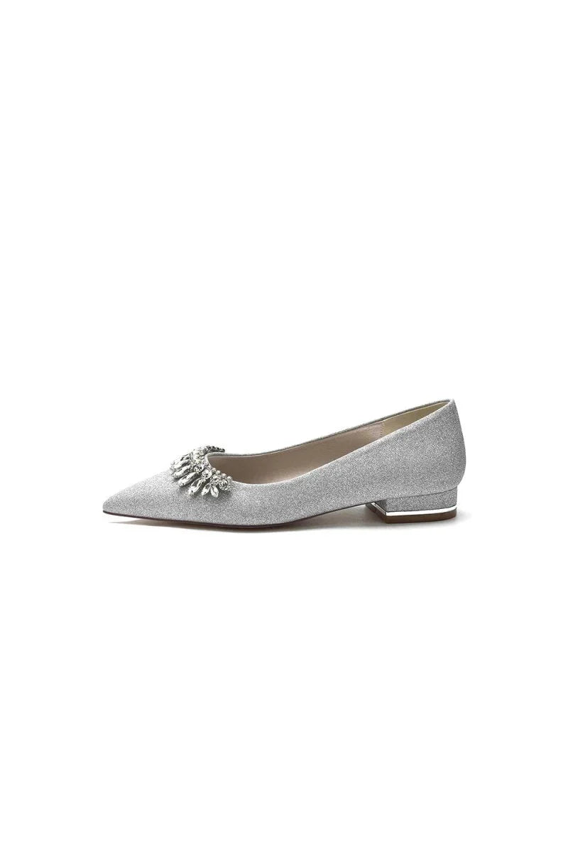 Pointed Toe Glitter Low Heels With Rhinestone